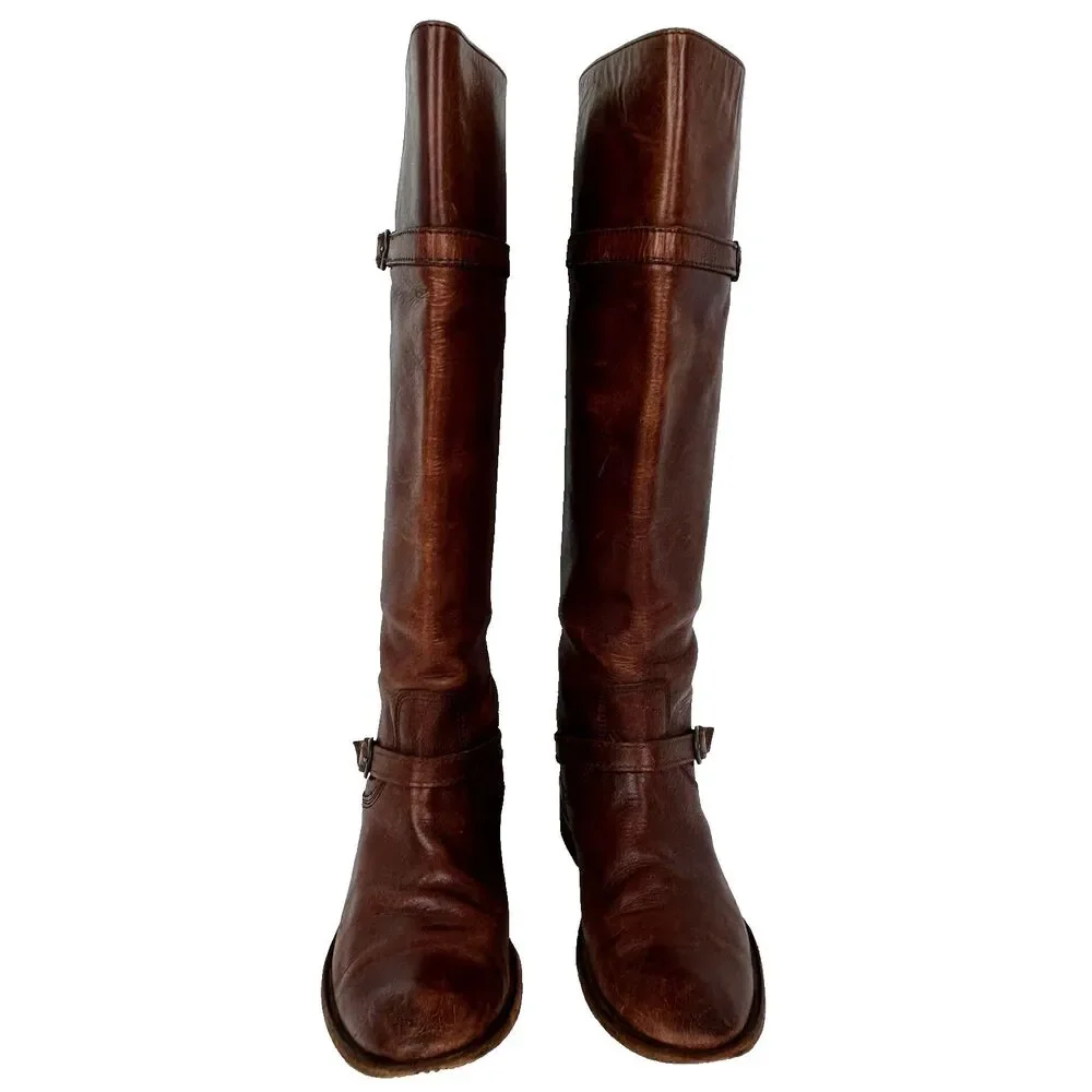 Frye Shirley Pull Riding Boots Full Leather Knee High Buckles Cognac Brown 6.5